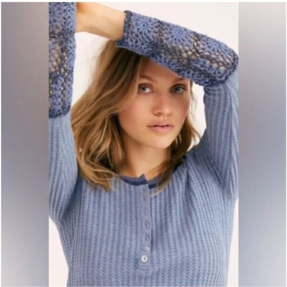 NWT Free People Mauve Pink Crochet Cuff Mistletoe Thermal Top - Picture 3 of 7